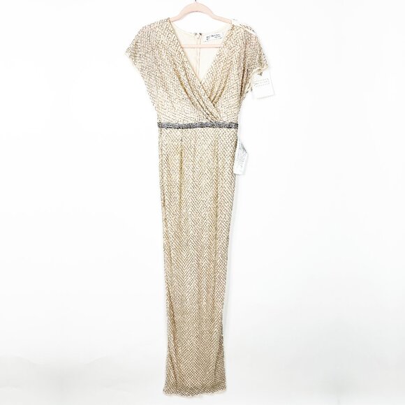 NWT Mac Duggal Beaded Short Sleeve Column Gown Nude Silver 2 #A0177 - Picture 3 of 8